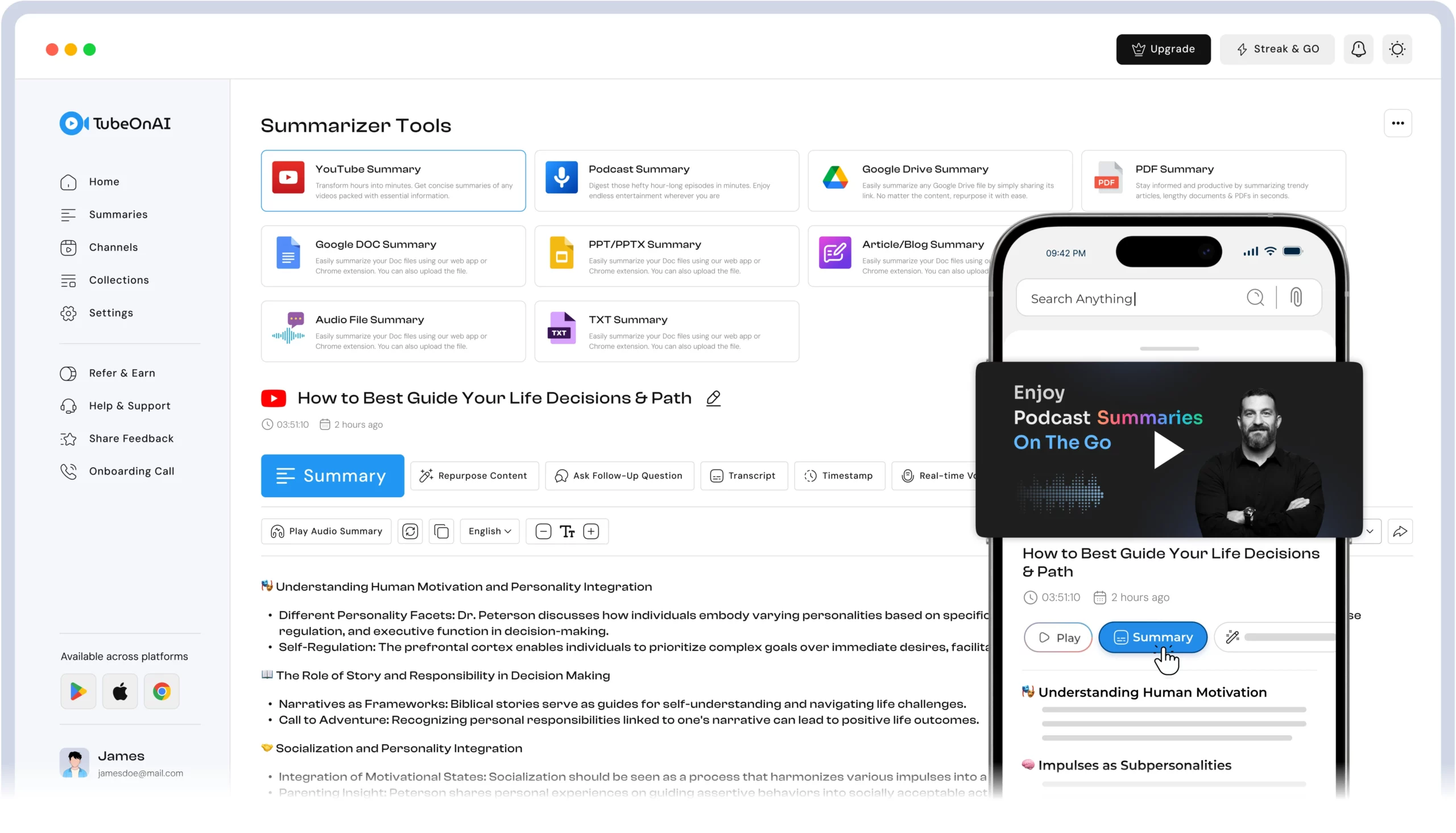 TubeOnAI dashboard showing an AI summary, follow-up chat, repurpose tools, and an audio player